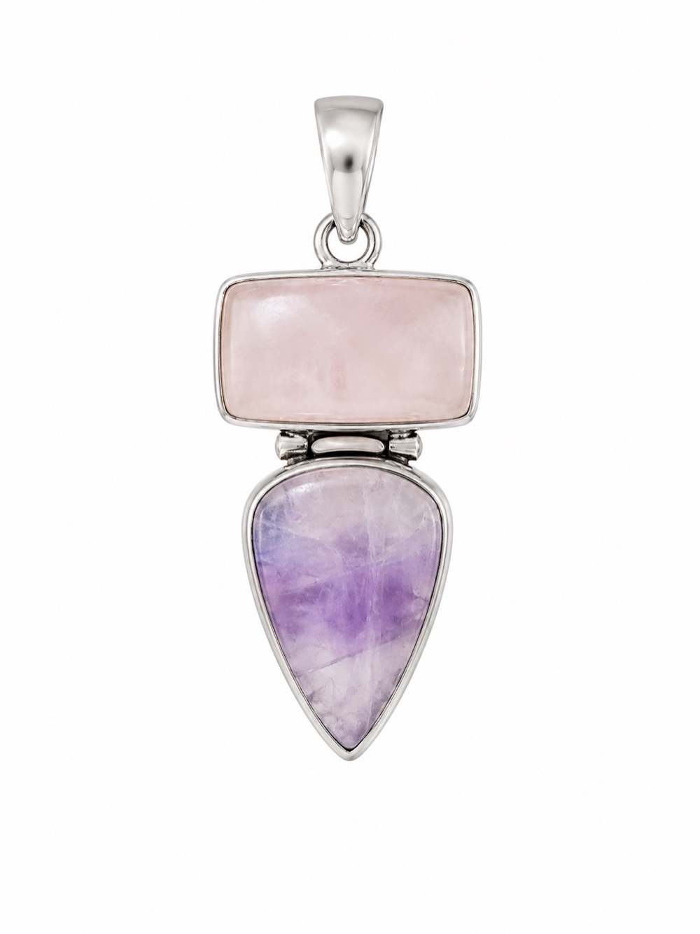 Sterling Silver Stamped 925 Rose Quartz and Amethyst Drop Pendant